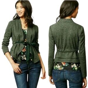 ANTHRO CARTONNIER Green Draped Open Front Tie Waist Peplum Blazer Jacket M